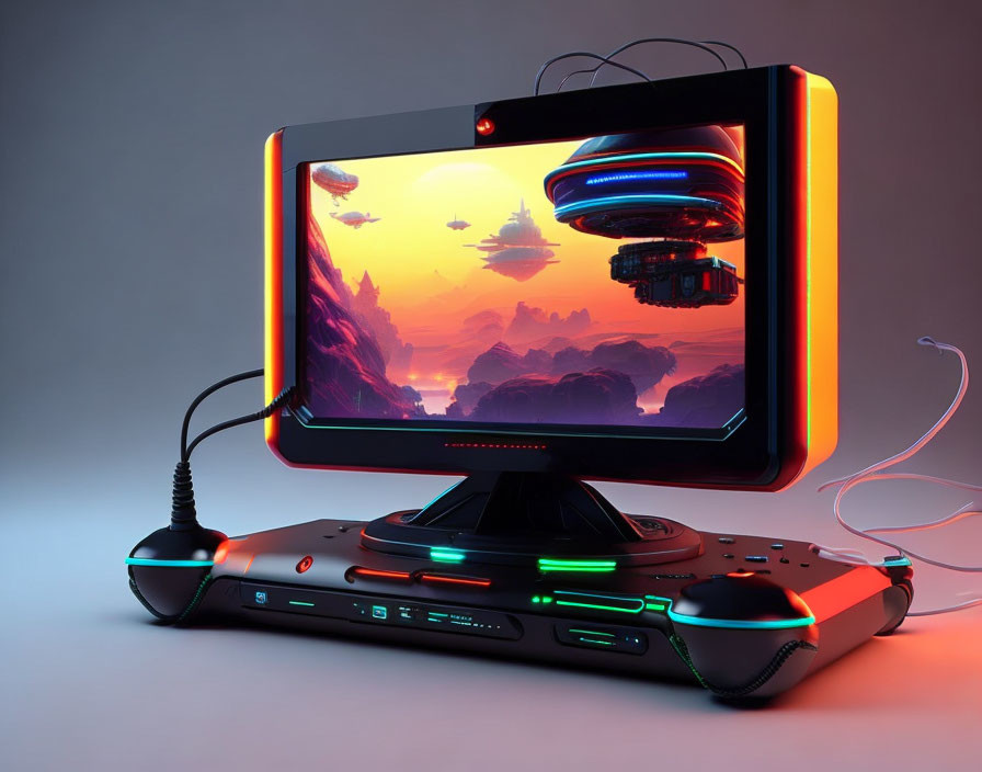 Futuristic computer setup with vibrant sci-fi landscape screen