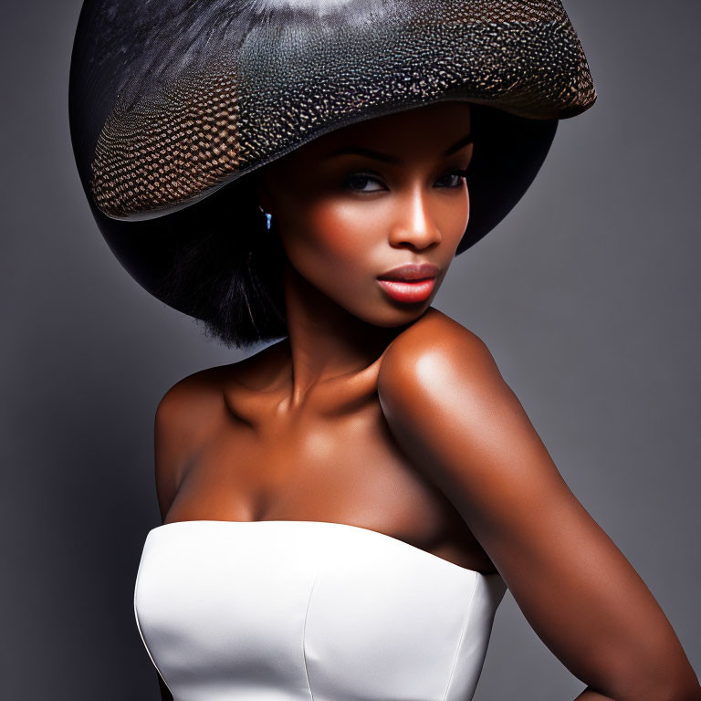 Woman in textured hat and white top poses against gray background