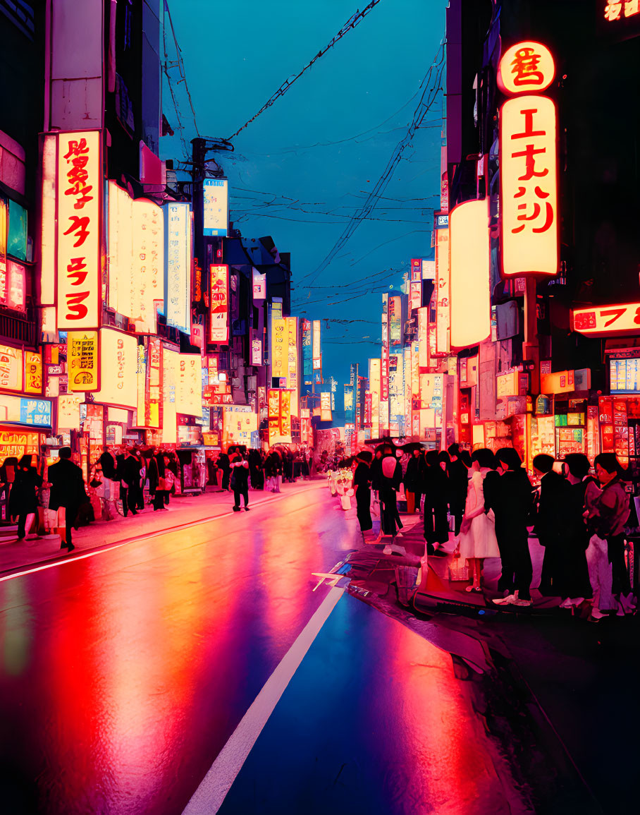 Urban street scene with neon signs and wet pavement at dusk