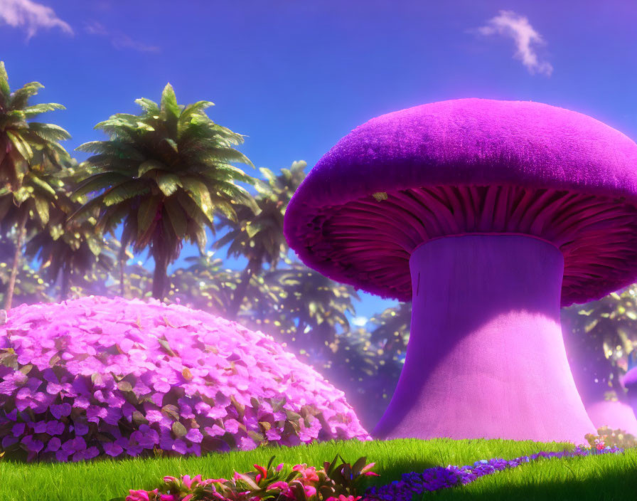 Colorful fantasy landscape with large purple mushroom and lush greenery