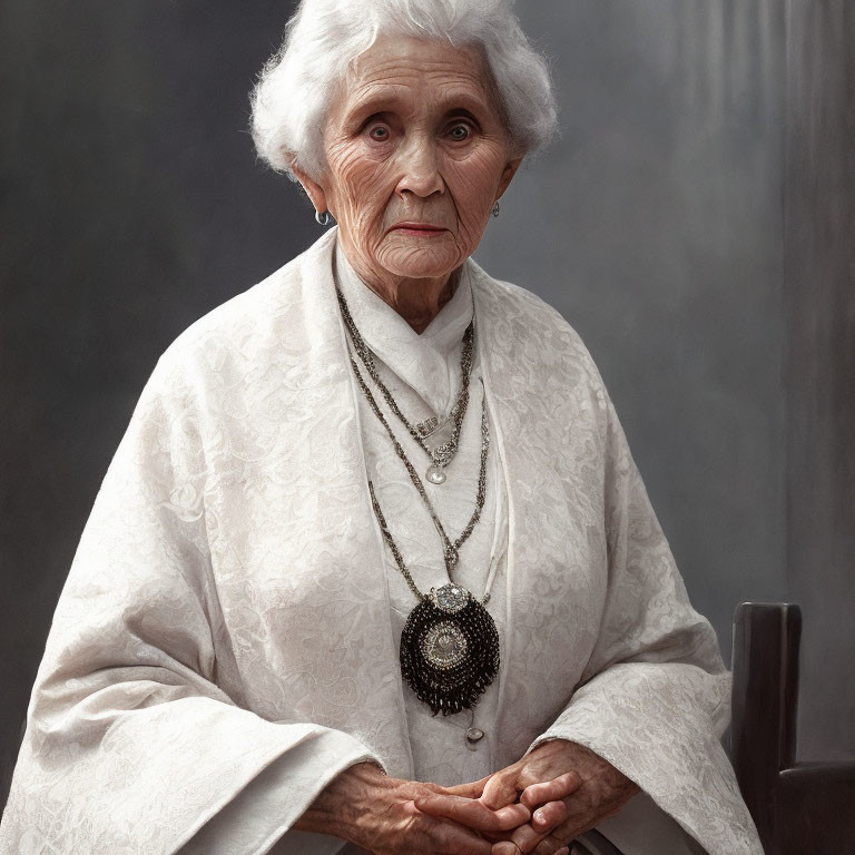 Elderly woman in cream blouse and layered necklaces with white hair gazes calmly.