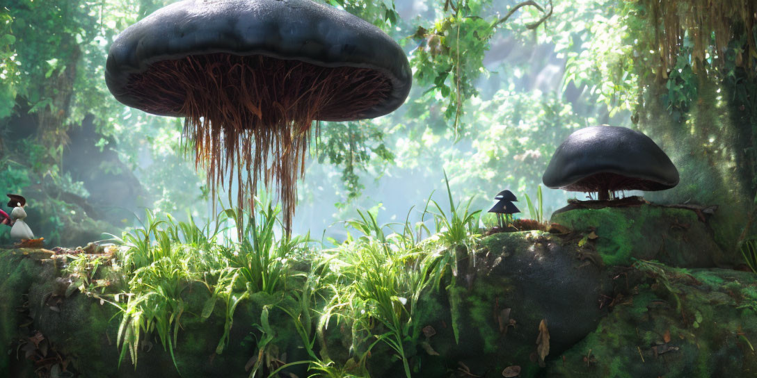 Enchanting forest scene with oversized mushrooms and bird in dappled sunlight