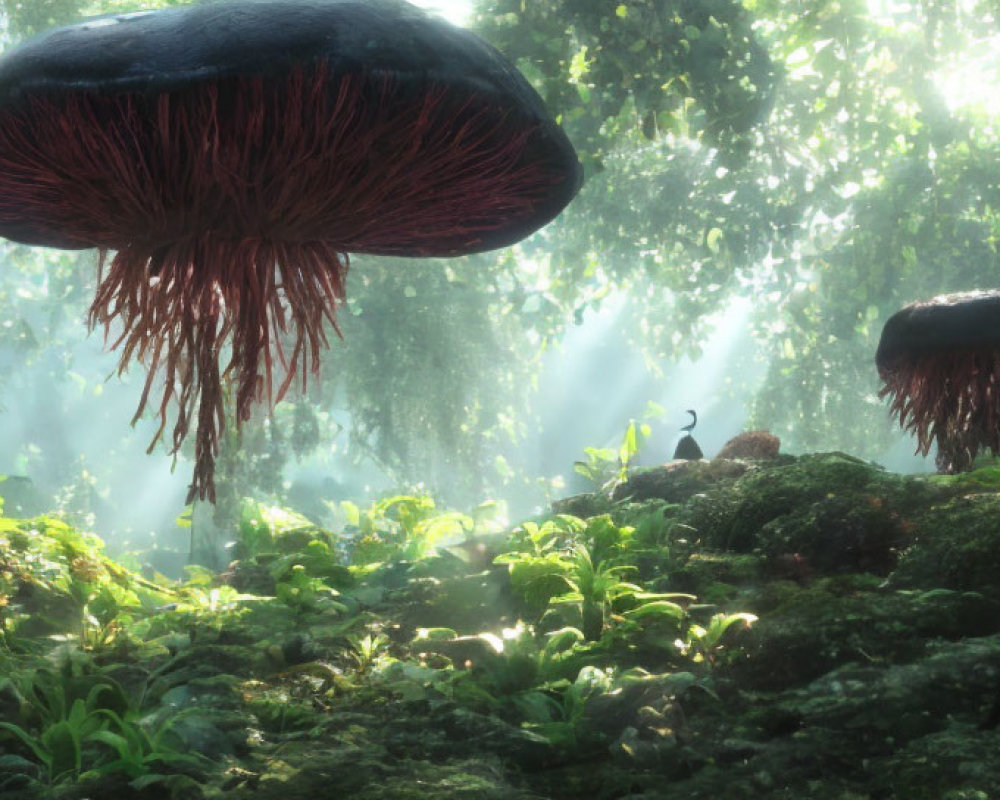 Child sitting on rock in misty forest with oversized mushrooms and rays of light.