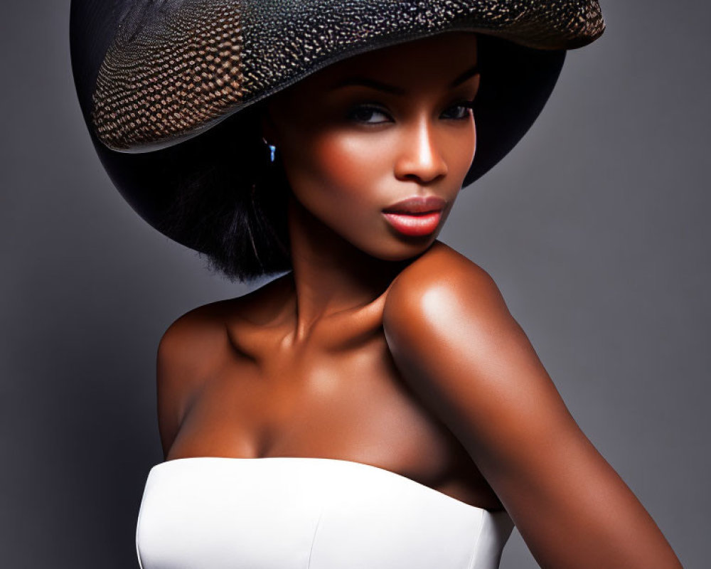 Woman in textured hat and white top poses against gray background