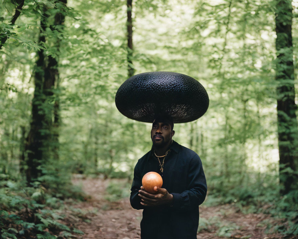 Man balancing textured black and holding orange mushroom in lush forest