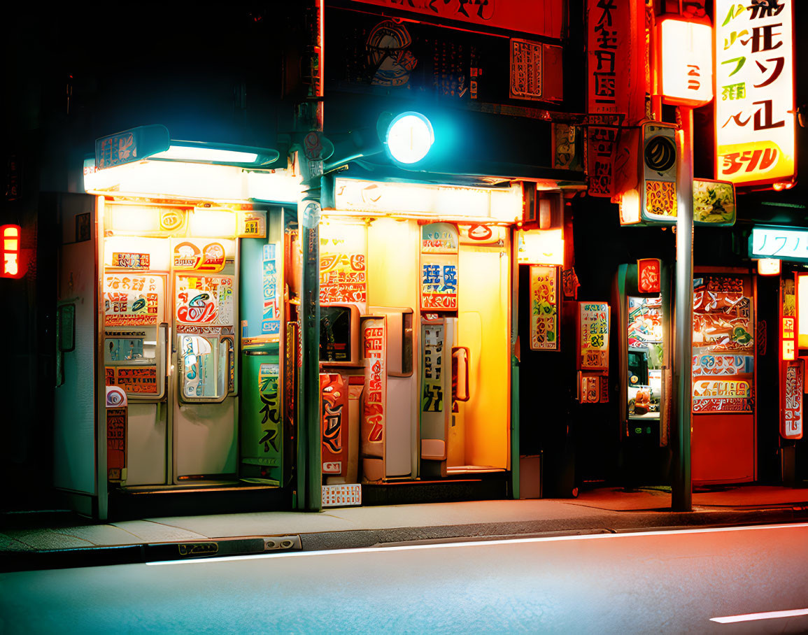 Japanese Street Night Scene with Illuminated Signs and Traditional Restaurant Facade