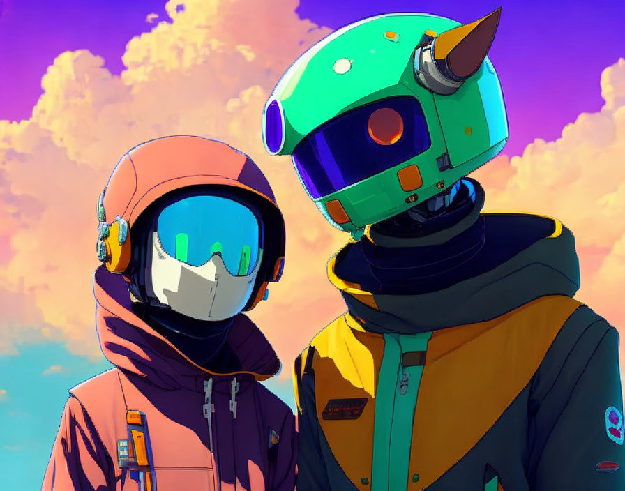 Stylized characters in futuristic helmets under vibrant sky