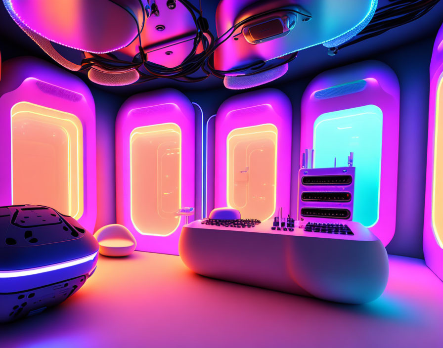 Futuristic Spaceship Interior: Glowing Lights, Doors, Holo-Displays, Control Panel