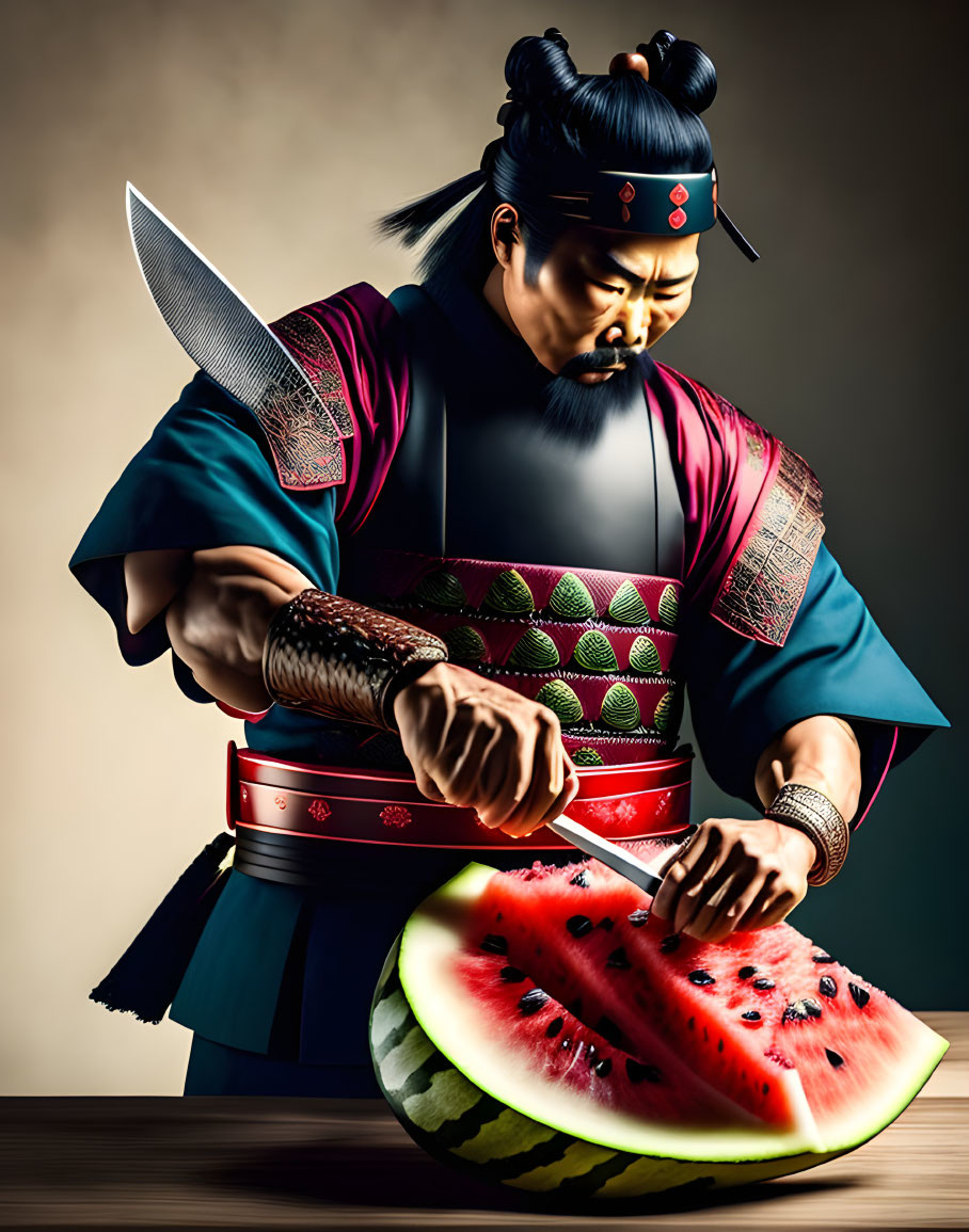 Digital illustration of samurai slicing watermelon on wooden table