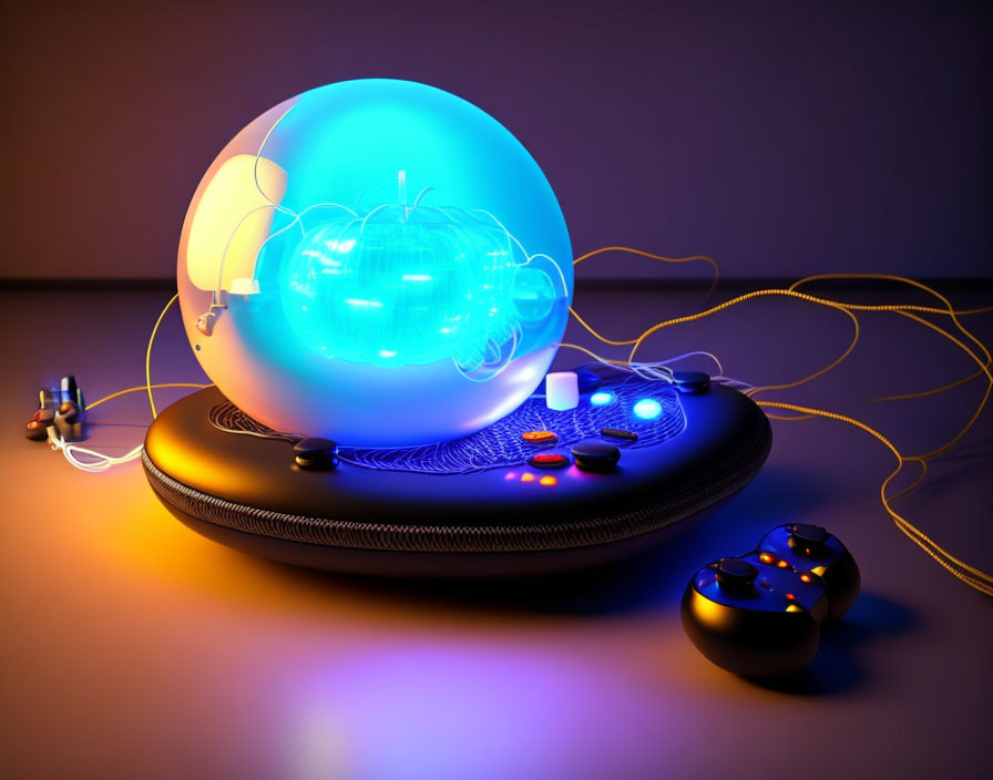 Glowing blue sphere device with cables on dark surface