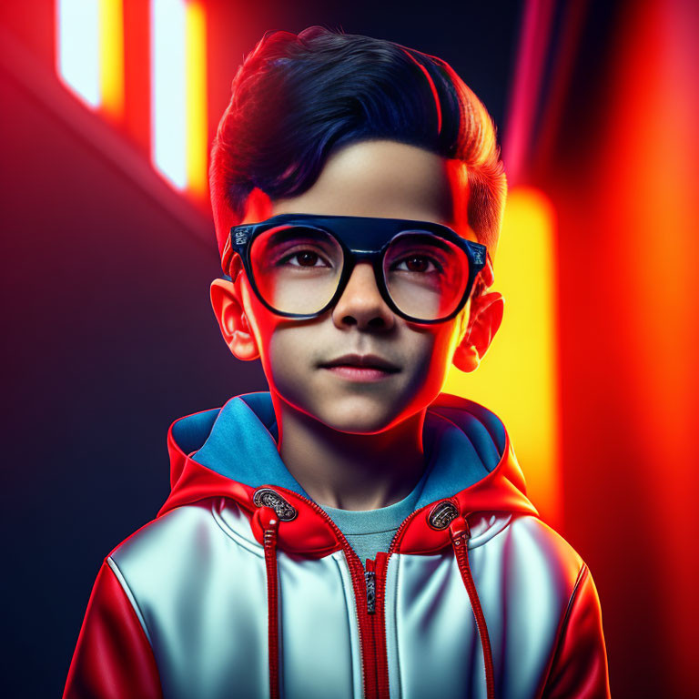 Young boy portrait with stylish hair, glasses, red & blue jacket, under dynamic lighting