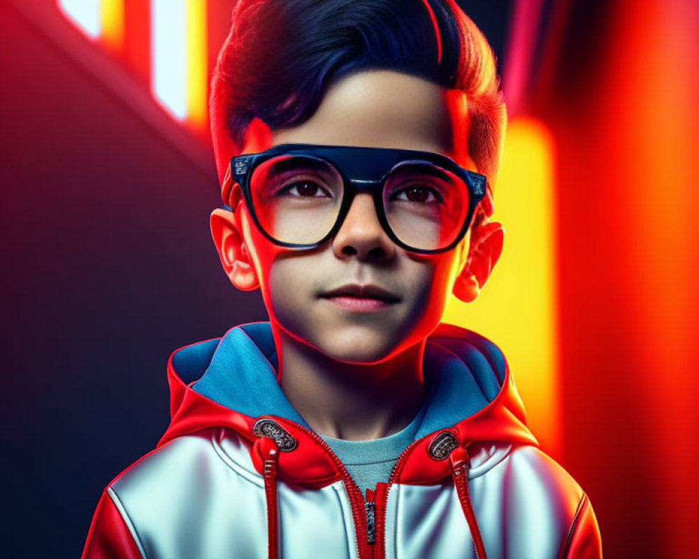 Young boy portrait with stylish hair, glasses, red & blue jacket, under dynamic lighting