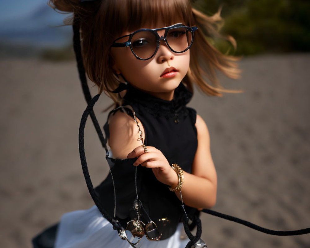 Young girl with black bow and glasses holding lantern on beach with blurred mountain