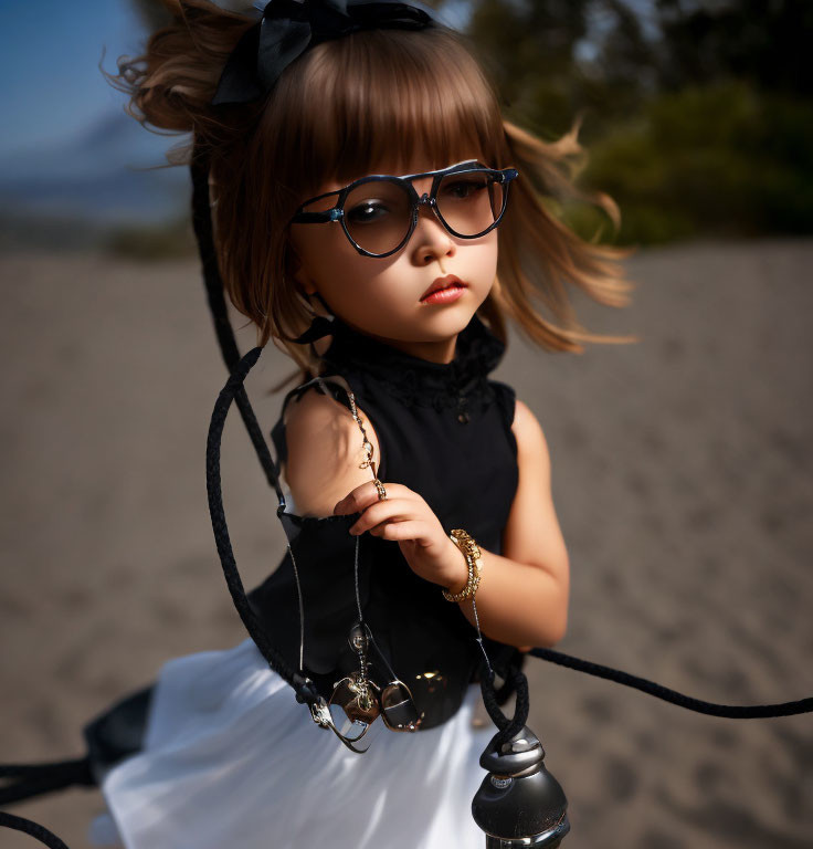 Young girl with black bow and glasses holding lantern on beach with blurred mountain