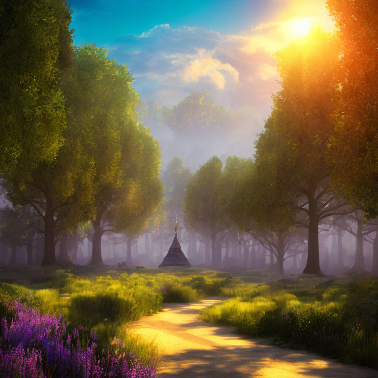 Tranquil forest pathway with purple flowers and gazebo view