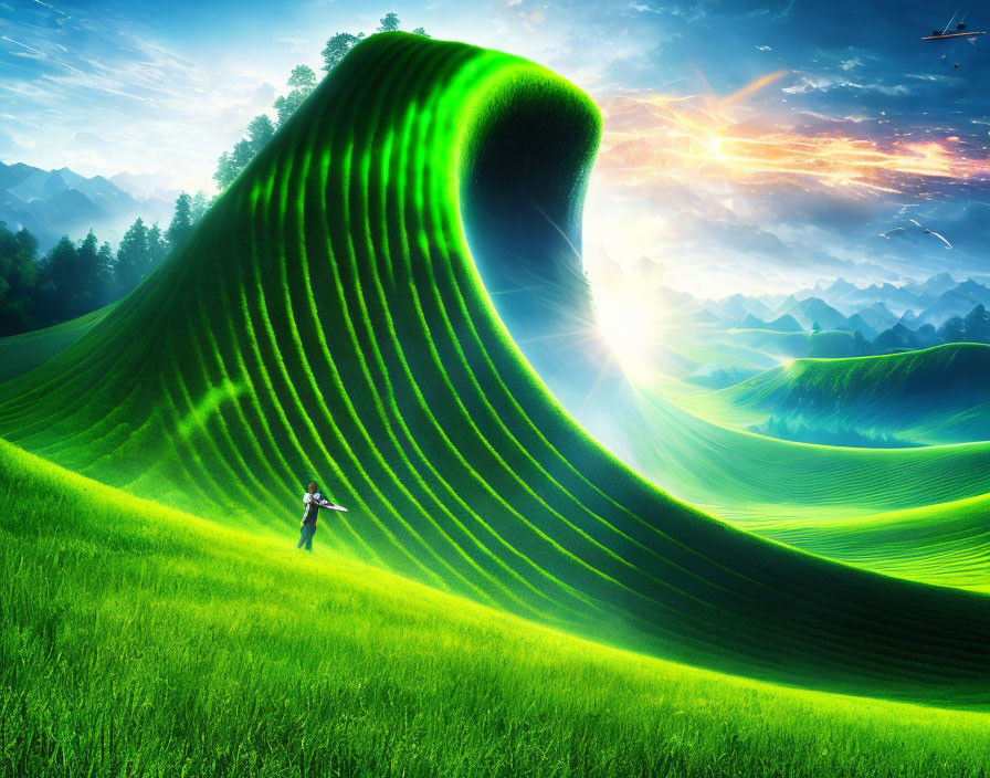 Vibrant surreal landscape with rolling green hills and person looking up