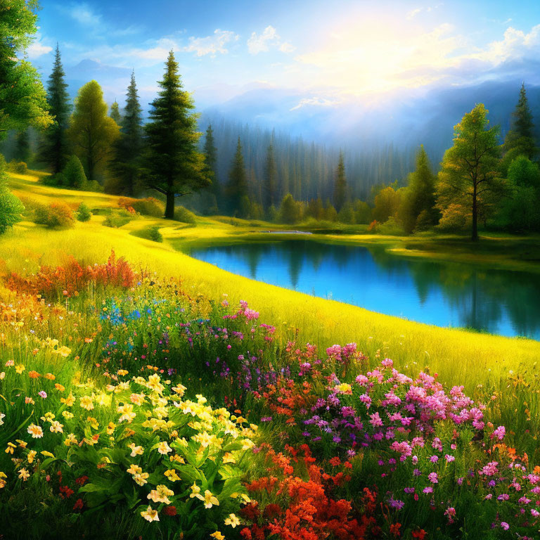 Colorful Wildflower Landscape with Blue Lake and Sun Rays