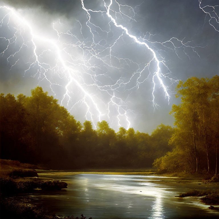 Nocturnal landscape with vibrant lightning bolts illuminating river