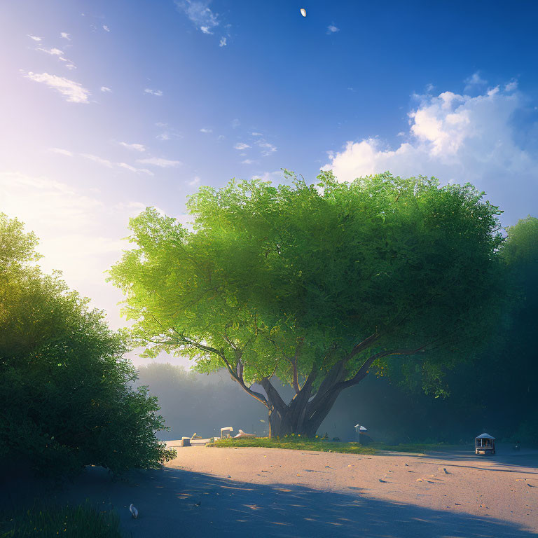 Tranquil landscape with lush tree, sandy path, bench, and hut under morning light