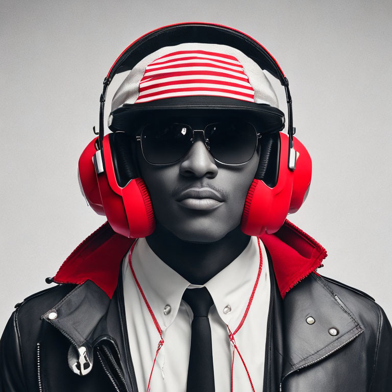 Fashionable person with red headphones, sunglasses, and striped hat on gray backdrop