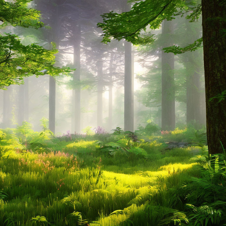 Misty forest with sunlight, green grass, tall trees, and purple flowers
