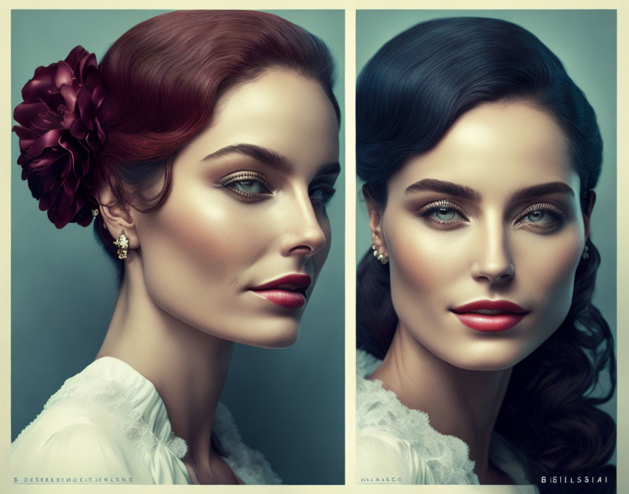 Two portraits: woman with reddish-brown and black hair, styled vintage.