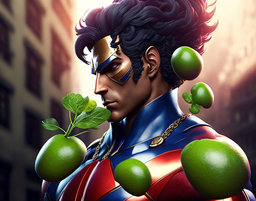 Stylized male superhero in blue and red suit with golden and lime-green accents holding a sprig