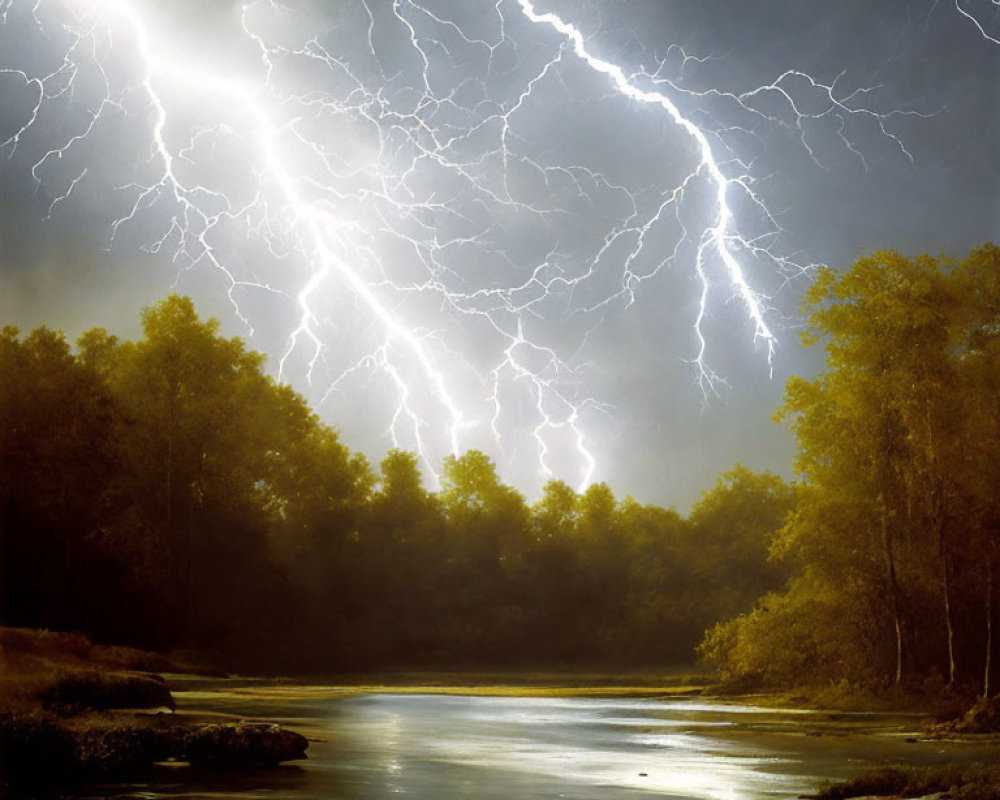 Nocturnal landscape with vibrant lightning bolts illuminating river