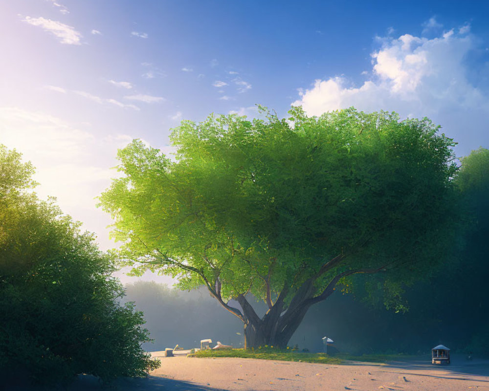 Tranquil landscape with lush tree, sandy path, bench, and hut under morning light