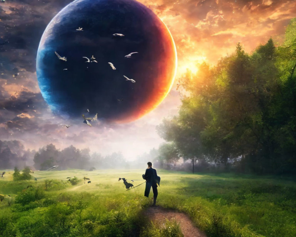 Person walking dog towards surreal planet with birds in misty sunset landscape