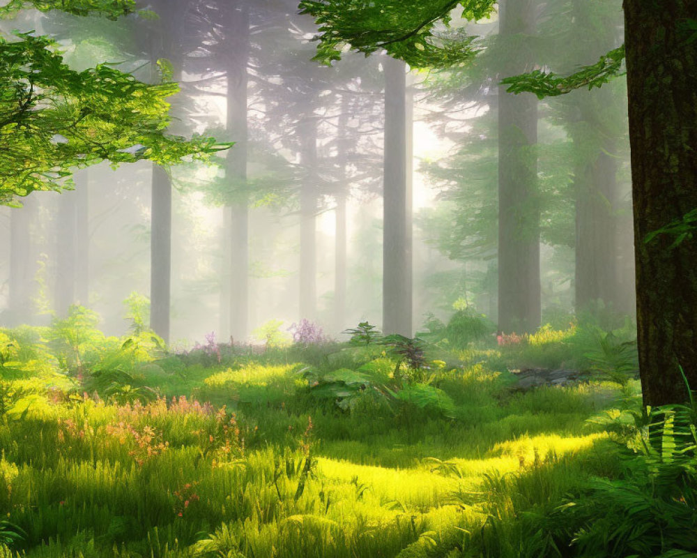 Misty forest with sunlight, green grass, tall trees, and purple flowers