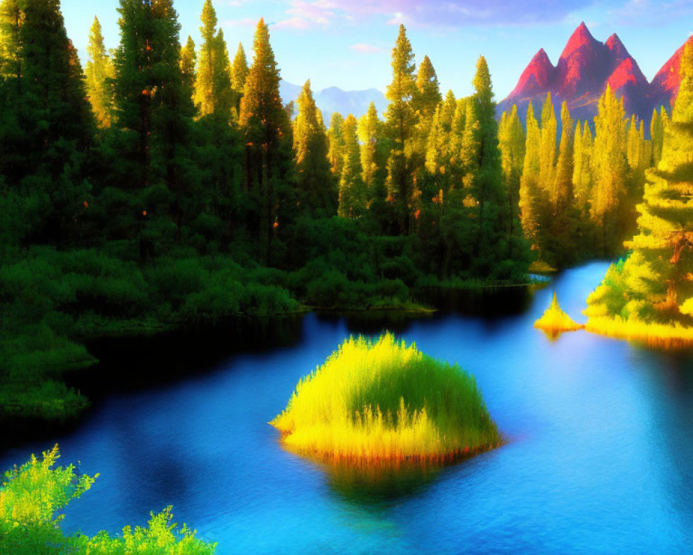 Serene landscape with blue river, green trees, golden sunlight, red mountains