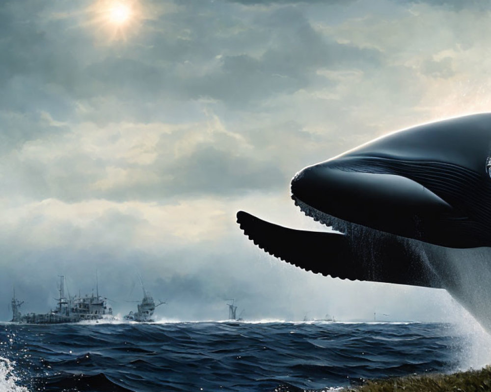 Giant whale breaching near ships in misty ocean scenery