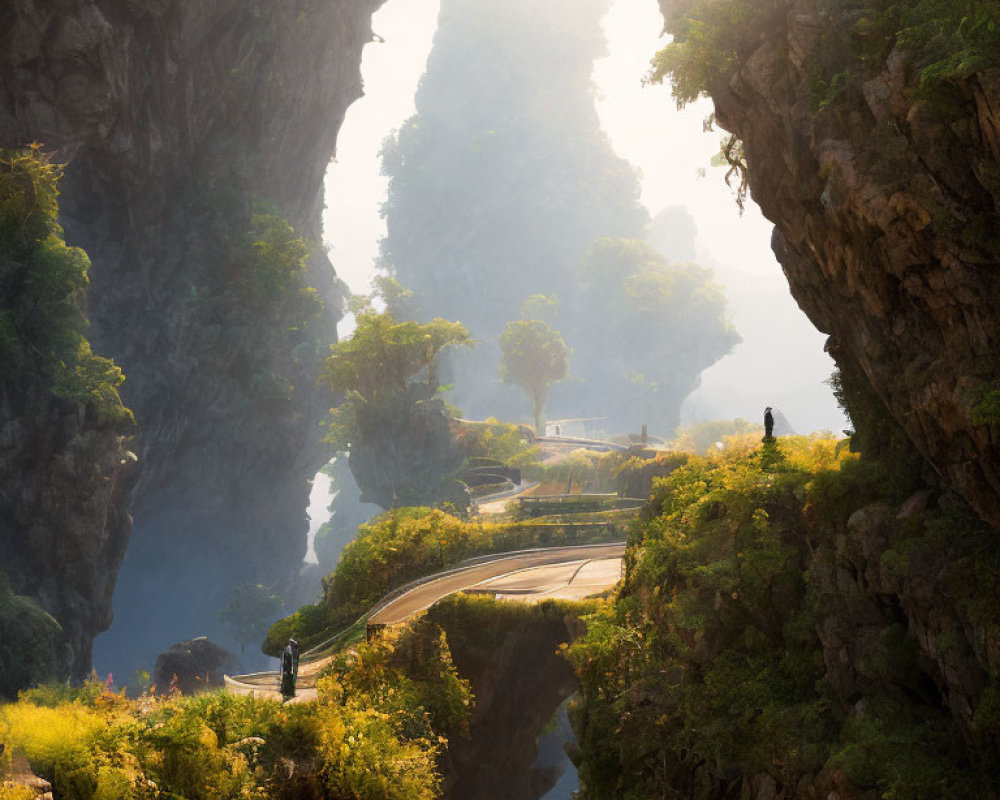 Misty mountain pass with winding road and karst formations