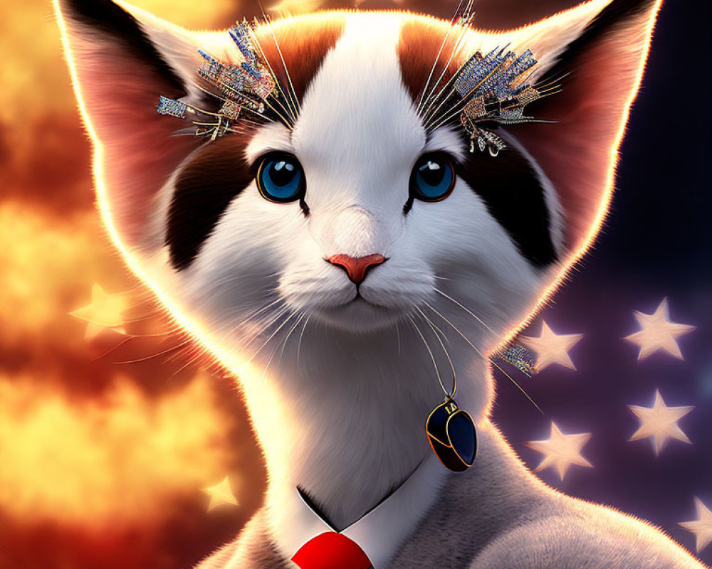 Stylized cat portrait with red tie, crown, earring, stars, warm glow