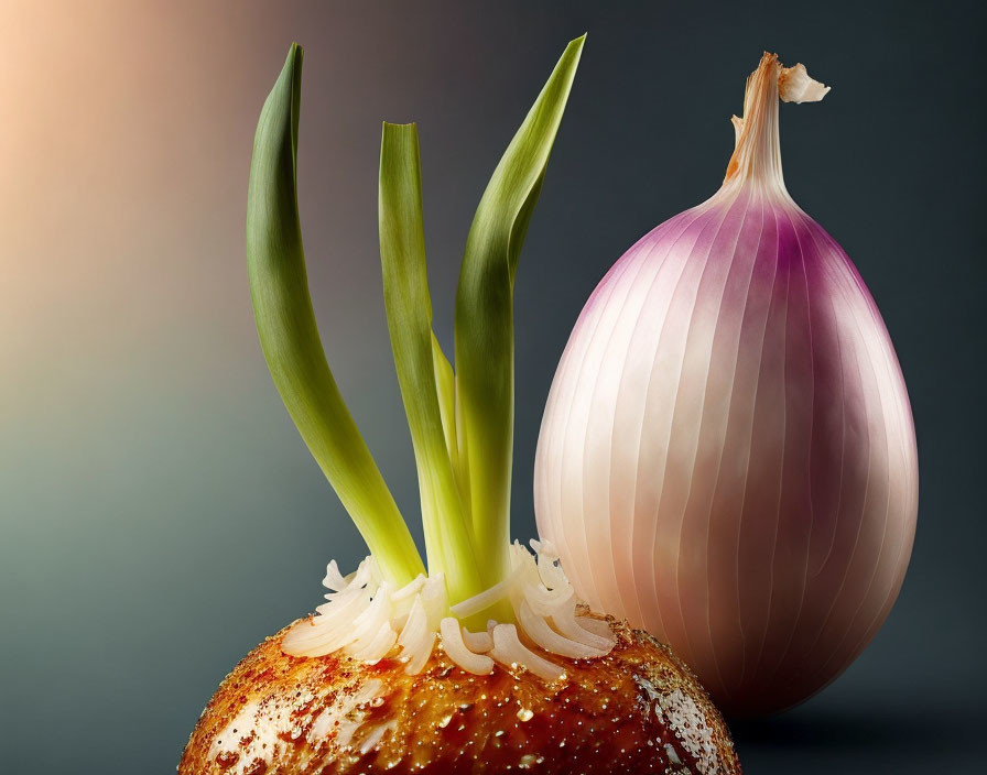 Two onions on gradient background: one sprouting green shoots, the other with purple and white layers.
