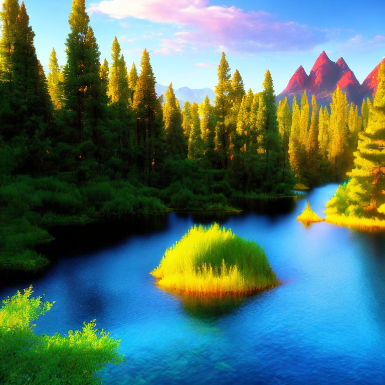 Serene landscape with blue river, green trees, golden sunlight, red mountains