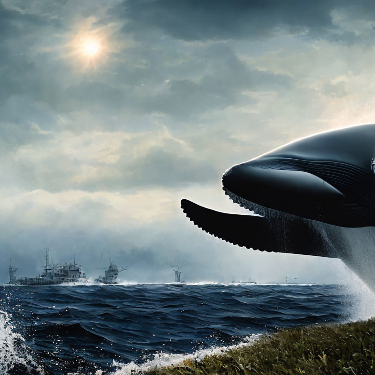 Giant whale breaching near ships in misty ocean scenery
