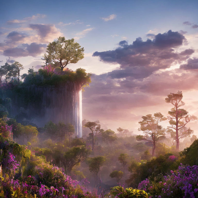 Mystical sunrise landscape with cascading waterfall and lush vegetation