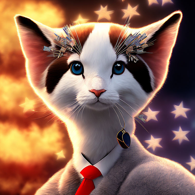 Stylized cat portrait with red tie, crown, earring, stars, warm glow