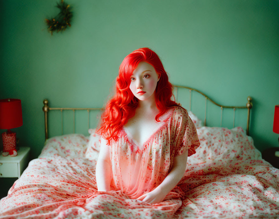 Red-haired woman sitting on floral bed against green wall with lampshade