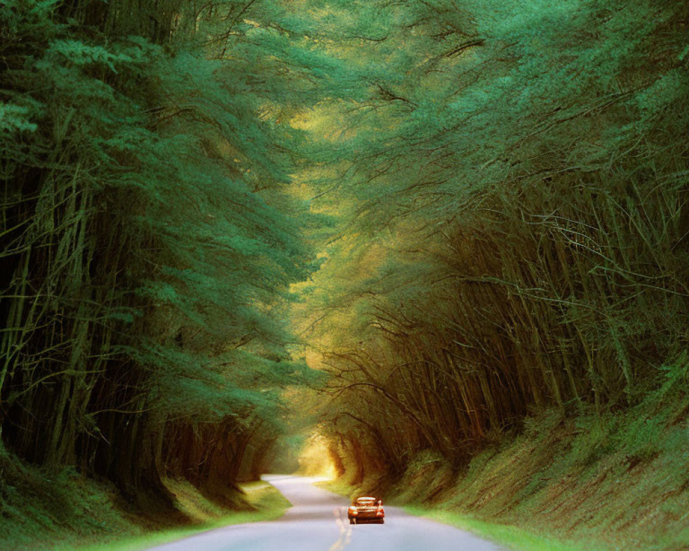 Forest road scene with sunlight filtering through green canopy