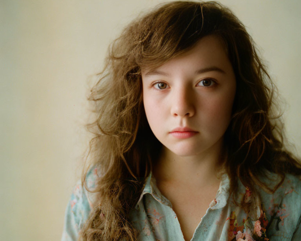 Young girl in floral shirt gazes thoughtfully at camera