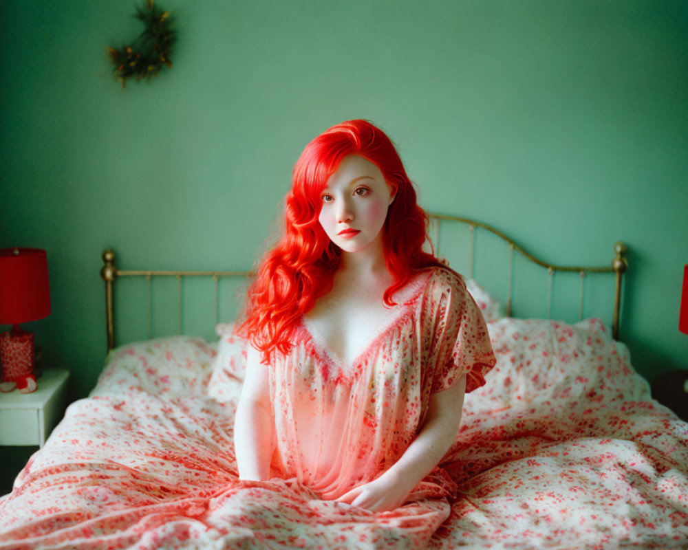 Red-haired woman sitting on floral bed against green wall with lampshade
