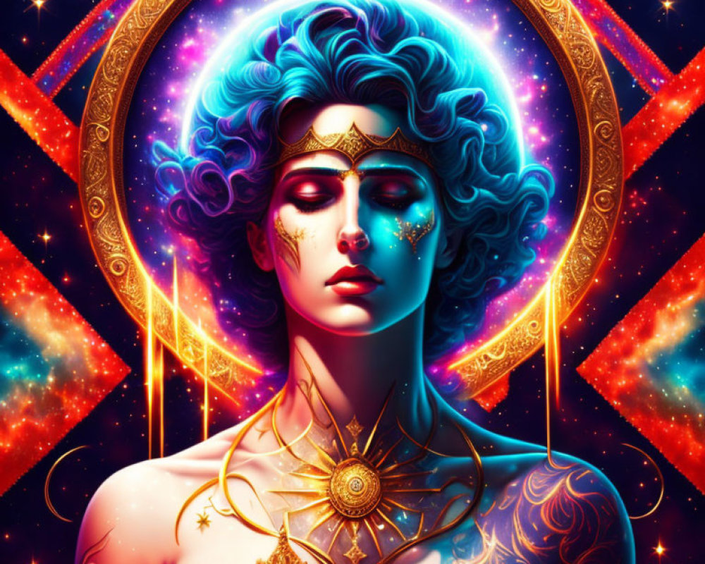 Colorful digital artwork featuring woman with blue hair and gold jewelry in cosmic setting