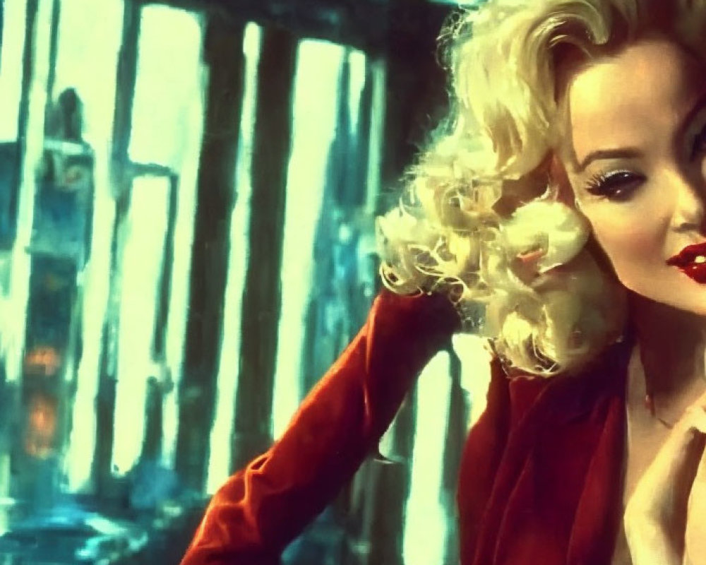 Blonde woman with curly hair in red top and lipstick against ornate interior