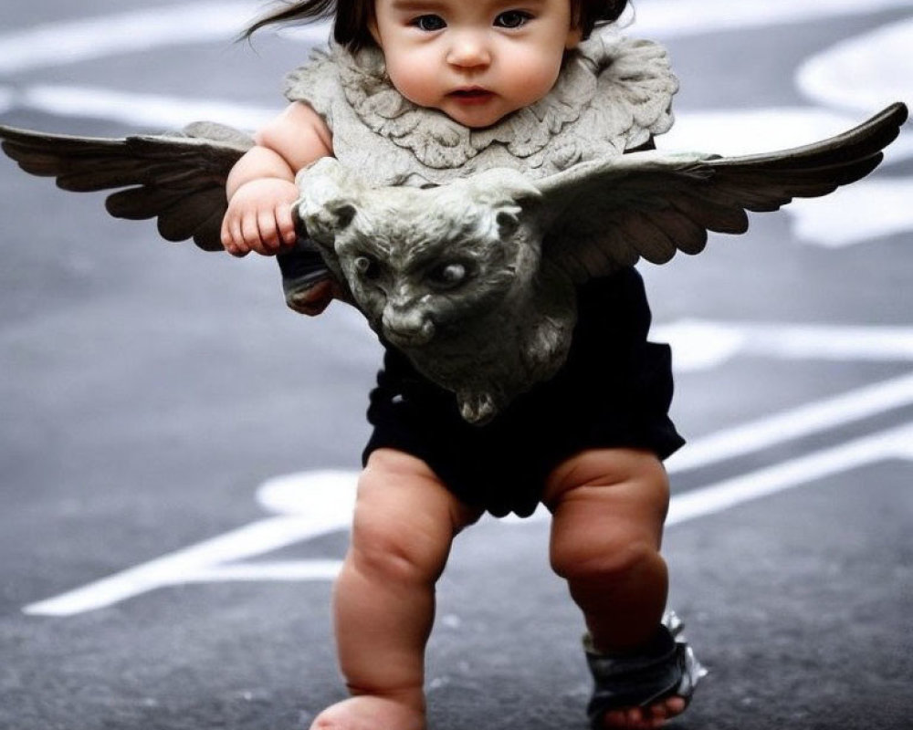Toddler with Angel Wings Backpack on Asphalt Street