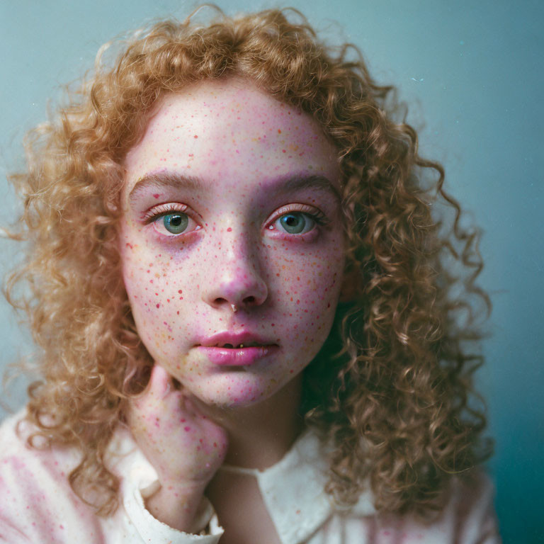 Young woman portrait with curly hair, freckles, and striking eyes on blue background