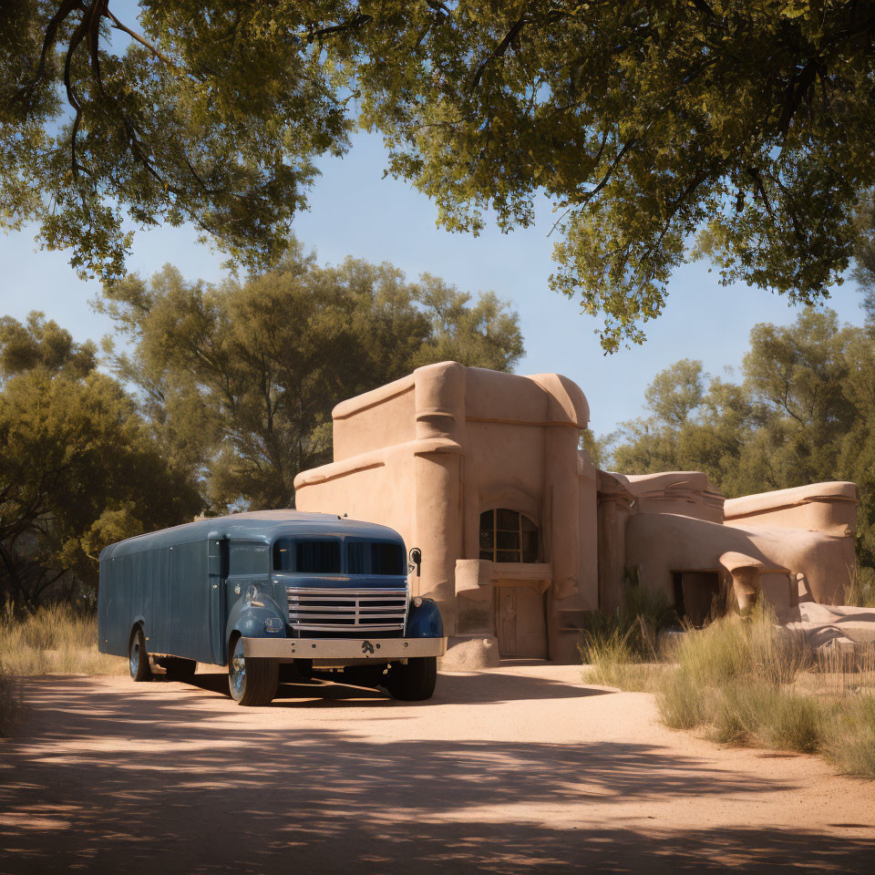 Vintage Blue Bus Parked in Front of Adobe Buildings and Trees