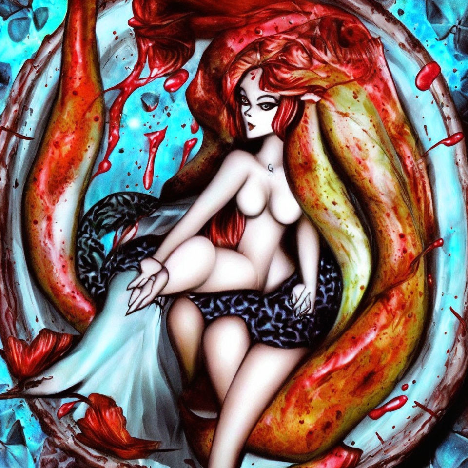 Red-Haired Female Character Surrounded by Fiery and Aquatic Elements